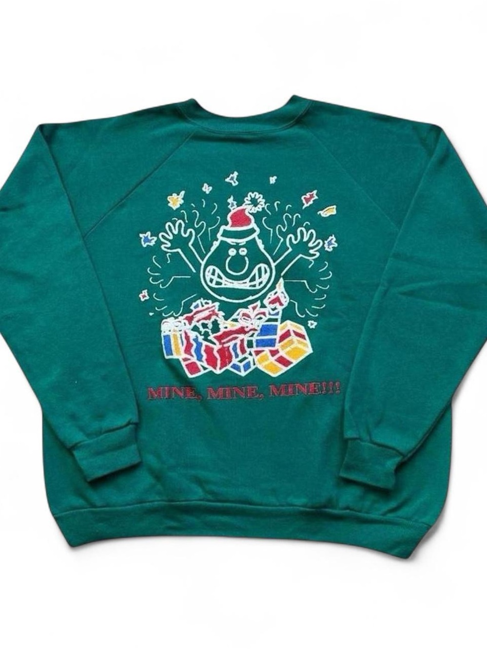 Vintage 1990s Green Holiday Graphic Crewneck Sweater - "Mine, Mine, Mine!!!" L
